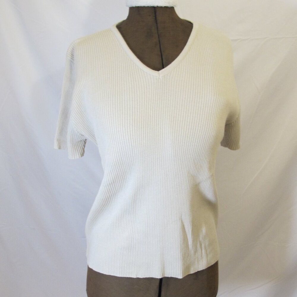 Coldwater Creek short-sleeved, v-neck, ribbed knit beige sweater  PXL